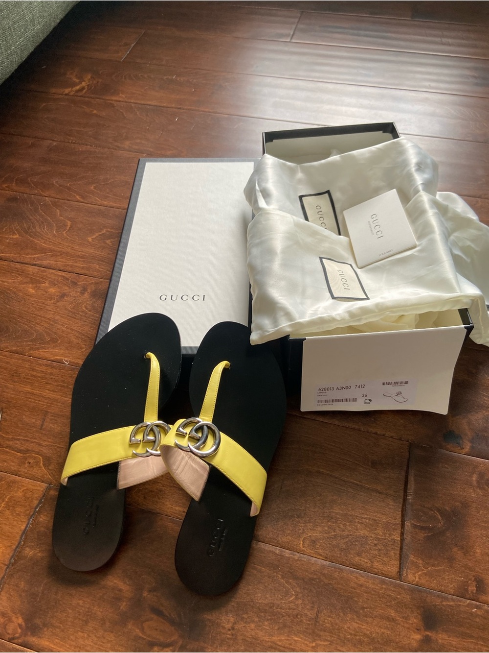 Gucci Black Footbed Yellow Strap GG Logo Thong Sandals